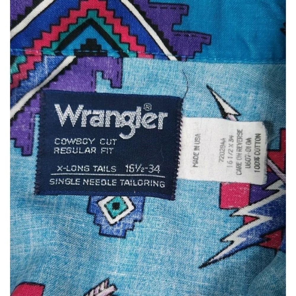 Wrangler Brushpopper Shirt Size XL 16.5 34 Blue Aztec Cowboy Western Southwest - Picture 5 of 7